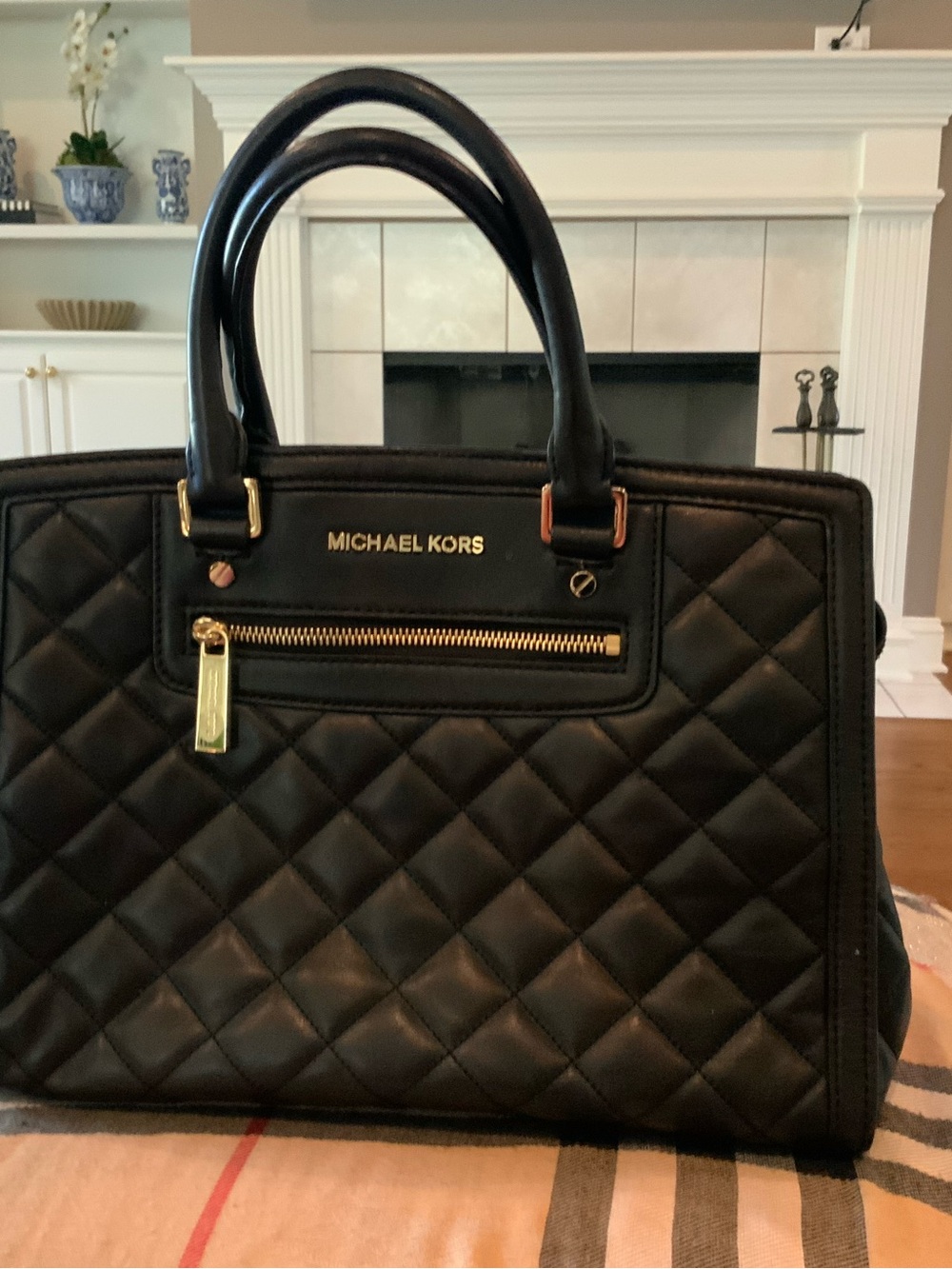 Michael Kors Black Quilted Leather Satchel with Gold Hardware
